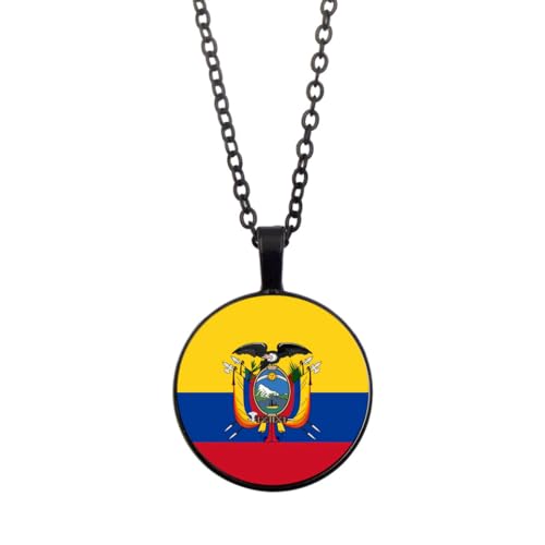 UOMSKTY Ecuador Flagge Anhänger Halskette Schmuck-Charm Flagge Zeit Edelstein Glas Cabochon Anhänger,Kreis Jahrestag Anhänger Halskette Für Patriotische Frauen Männer Schmuck,Schwarz,45 + 5 Cm von UOMSKTY