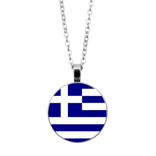 UOMSKTY Griechenland-Flagge-Anhänger-Halskette,Schmuck,Kreativer Griechischer Flagge-Glas-Cabochon-Anhänger,Patriotischer Schmuck,Pullover-Halskette Für Frauen Und Mädchen,Geschenk,Weiß,45 + 5 Cm von UOMSKTY