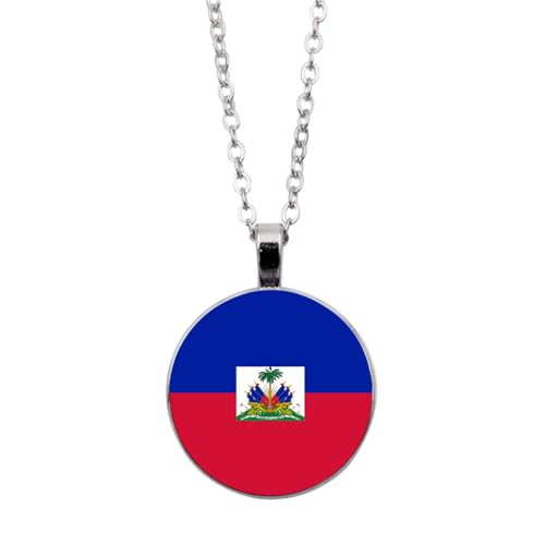 UOMSKTY Haiti-Flagge-Anhänger-Halskette,Schmuck,Kreativer Haitianische Flagge,Glas-Cabochon-Anhänger,Patriotischer Schmuck,Pullover-Halskette Für Frauen Und Mädchen,Geschenk,Weiß,45 + 5 Cm von UOMSKTY