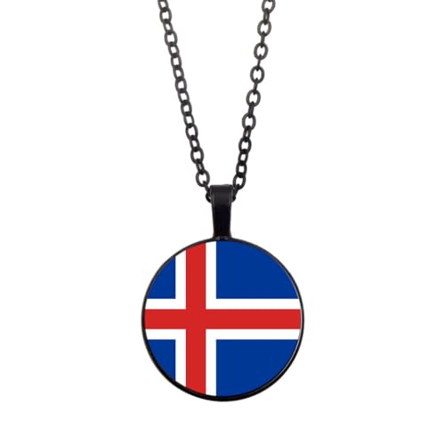 UOMSKTY Island-Länder-Flaggen-Anhänger,Glas-Cabochon-Rund-Banner-Anhänger-Halskette Für Männer Und Frauen,Nationalflagge,Modeschmuck,Geschenk,Schwarz,45 + 5 Cm von UOMSKTY