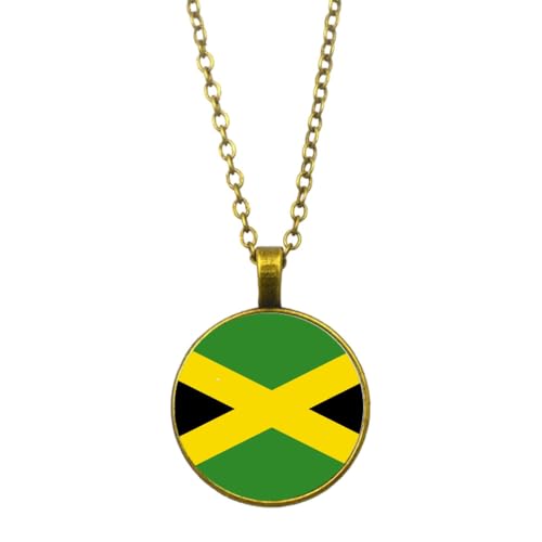 UOMSKTY Jamaika-Flagge-Anhänger-Halskette,Schmuck,Kreativer Jamaikanische Flagge,Glas-Cabochon-Anhänger,Patriotischer Schmuck,Pullover-Halskette Für Frauen Und Mädchen,Geschenk,Gelb,45 + 5 Cm von UOMSKTY