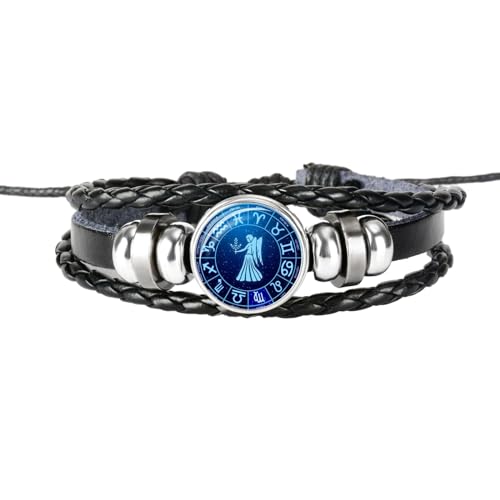 UOMSKTY Jungfrau 12 Sternzeichen Sternbild-Armband – Lederarmband Verstellbares Punk-Armband – Mehrschichtige Geflochtene Seil-Lederarmbänder Mit Perlen Für Männer Und Frauen, 26 Cm von UOMSKTY