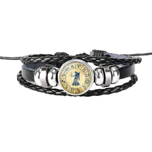 UOMSKTY Jungfrau Retro Punk Herren Damen 12 Sternbild Sternzeichen Armband – Geflochtenes Leder-Kristallglas-Charm-Armband, Mehrschichtiger Armband-Armreif, 26 Cm von UOMSKTY