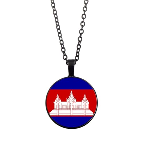 UOMSKTY Kambodscha-Länderflaggen-Anhänger,Kambodschanische Glas-Cabochon-Rund-Banner-Anhänger-Halskette Für Männer Und Frauen,Nationalflagge,Modeschmuck,Geschenk,Schwarz,45 + 5 Cm von UOMSKTY