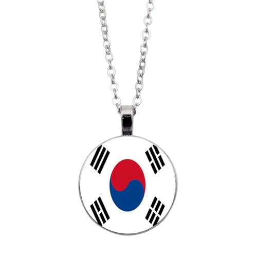 UOMSKTY Korea-Flagge-Anhänger-Halskette,Schmuck-Charm-Flagge-Zeit-Edelstein-Glas-Cabochon-Anhänger,Kreis-Jubiläums-Anhänger-Halskette Für Patriotische Frauen-Männer-Schmuck,Weiß,45 + 5 Cm von UOMSKTY