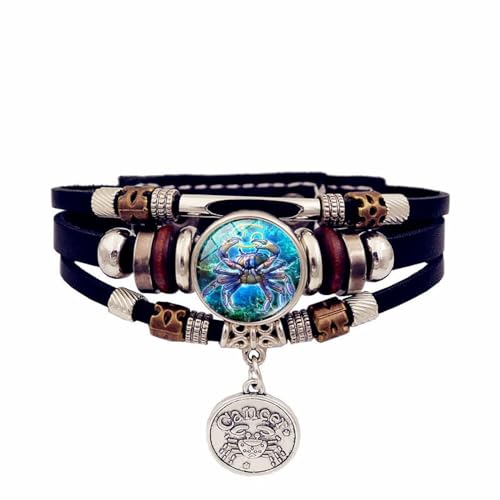 UOMSKTY Krebs 12 Sternzeichen Sternbild Leuchtendes Armband – Mehrschichtiges Punk-Lederarmband Mit Perlen Für Herren Und Damen, Stilvolles Schwarzes Vintage-Lederarmband Für Damen Und Herren, 20 Cm von UOMSKTY