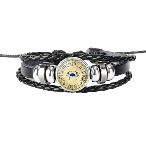 UOMSKTY Krebs Retro Punk Herren Damen 12 Sternbild Sternzeichen Armband – Geflochtenes Leder-Kristallglas-Charm-Armband, Mehrschichtiger Armband-Armreif, 26 Cm von UOMSKTY