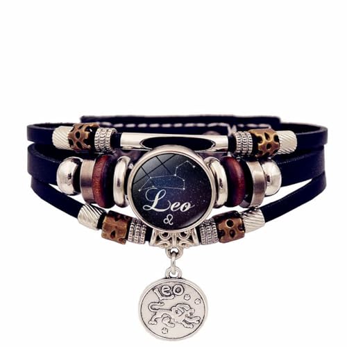 UOMSKTY Leuchtende Armbänder Mit Sternzeichen Löwe – Sternbild-Leder, Mehrschichtige Geflochtene Seilarmbänder, Kristallglas-Perlenarmbänder Für Damen Und Herren, Punk-Schmuck, 20 Cm von UOMSKTY