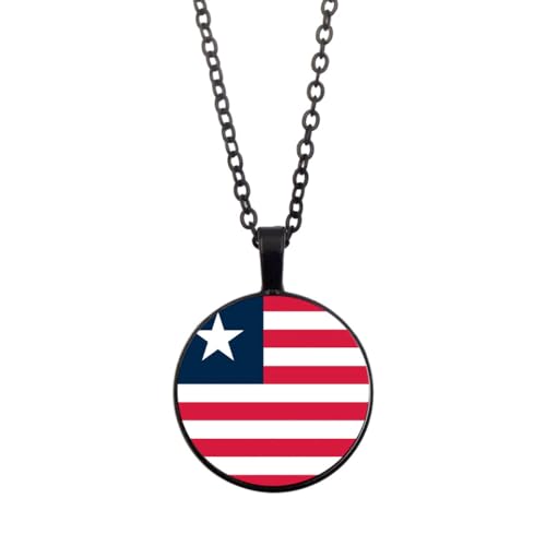 UOMSKTY Liberia-Länder-Flaggen-Anhänger,Liberianischer Glas-Cabochon,Runde Banner-Anhänger-Halskette Für Männer Und Frauen,Nationalflagge,Modeschmuck,Geschenk,Schwarz,45 + 5 Cm von UOMSKTY