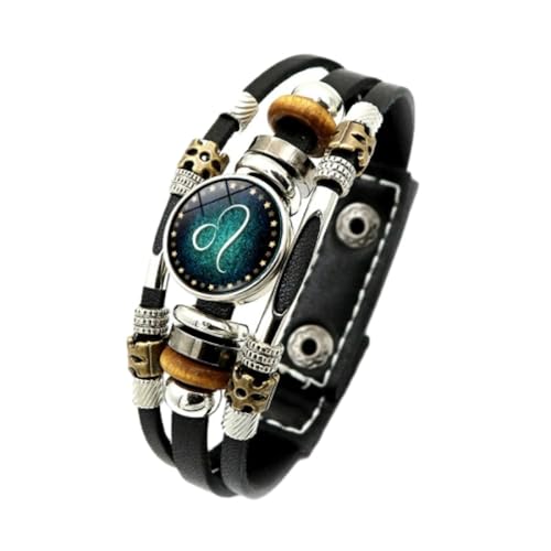 UOMSKTY Löwe 12 Sternzeichen Leuchtendes Armband – Sternbild-Manschettenarmband Astrologie Geflochtenes Leder-Manschettenarmband, Mehrschichtiges Punk-Lederarmband Für Herren Und Damen, 17,5, 20,5 Cm von UOMSKTY
