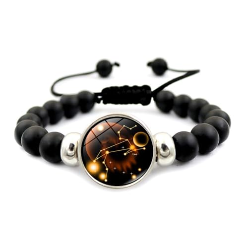 UOMSKTY Löwe Retro Punk Herren Damen 12 Sternbild Sternzeichen Armband – Kreatives Schwarzes Perlen-Horoskop-Armband, Astrologie-Schmuck, Geschenk Für Damen Und Herren, 18 Cm von UOMSKTY