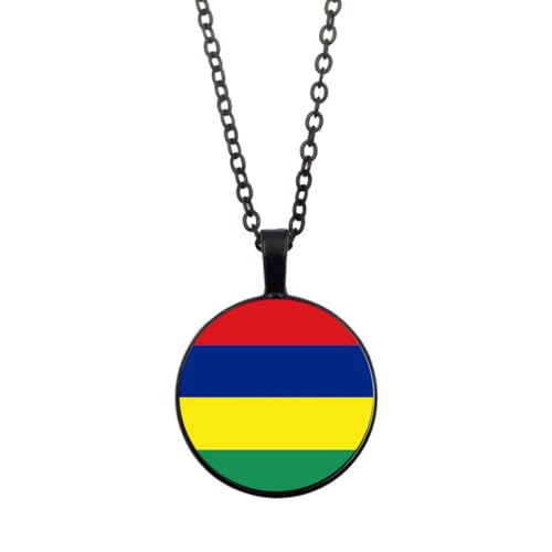 UOMSKTY Mauritius-Flaggen-Halsketten-Anhänger,Modische Unisex-Glaskuppel-Flaggen-Halskette,Kreative Runde Cabochon-Halsketten,Patriotischer Charme-Schmuck Für Männer Und Frauen,Schwarz,45 + 5 Cm von UOMSKTY