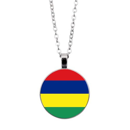 UOMSKTY Mauritius-Flaggen-Halsketten-Anhänger,Modische Unisex-Glaskuppel-Flaggen-Halskette,Kreative Runde Cabochon-Halsketten,Patriotischer Charme-Schmuck Für Männer Und Frauen,Weiß,45 + 5 Cm von UOMSKTY