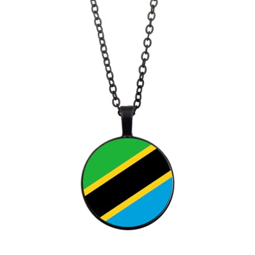 UOMSKTY Modische Tansania-Flaggen-Halskette,Kreatives Tansanisches Banner,Charm-Glas-Cabochon-Anhänger-Halskette Für Patriotische Frauen Und Männer,Party-Schmuck,Schwarz,45 + 5 Cm von UOMSKTY