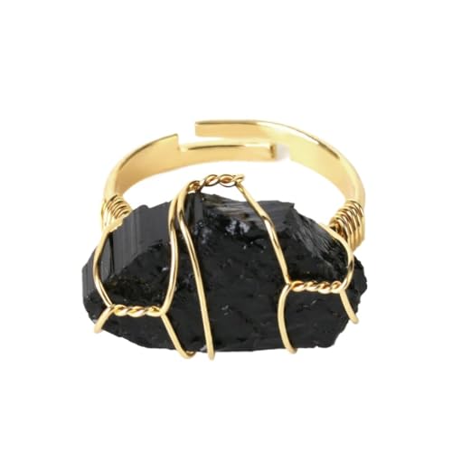 UOMSKTY Natürliche Schwarze Obsidian-Öffnungsringe – Einzigartiger Unregelmäßiger Drahtwickel-Ring Aus Geometrischem Obsidian Mit Verstellbarer Größe,Modischer,Exquisiter Ring Für Männer Und Frauen,R von UOMSKTY