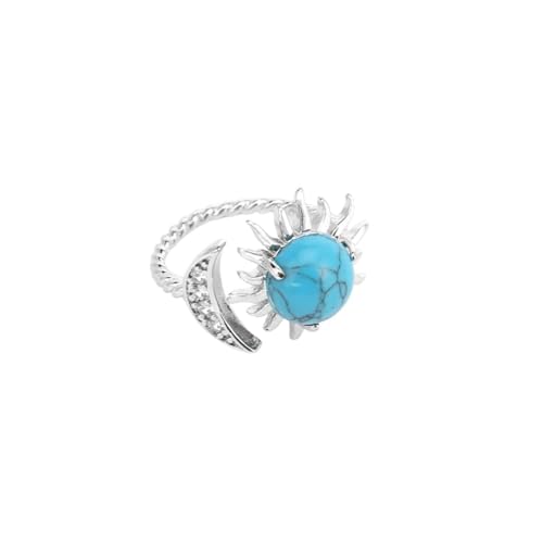 UOMSKTY Natürliche Türkisfarbene Ringe Für Frauen – Romantischer Mond,Sonne,Naturstein,Handgefertigte Ringe,Blaue Hexen-Fingerringe,Größenverstellbarer Kristall-Halbedelstein-Schmuck,Blau,Verstellbar von UOMSKTY