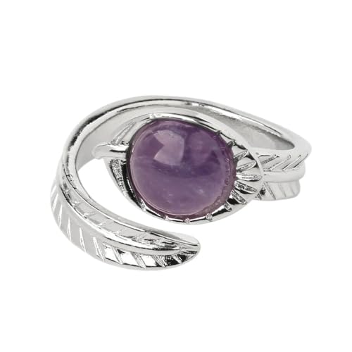 UOMSKTY Natürlicher Amethyst-Öffnungsring Für Männer Und Frauen – Runde Offene Ringe Aus Natursteinkristall Mit Geschnitztem Blatt,Größenverstellbarer Kristall Für Unisex-Modeschmuck,Lila,Verstellbar von UOMSKTY