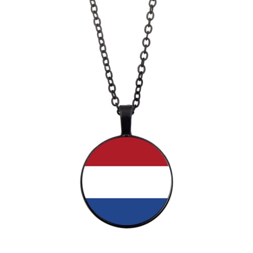 UOMSKTY Niederlande-Flagge-Halsketten-Anhänger,Modische Unisex-Glaskuppel-Nl-Flagge-Halskette,Kreative Runde Cabochon-Halsketten,Patriotischer Charme-Schmuck Für Männer Und Frauen,Schwarz,45 + 5 Cm von UOMSKTY