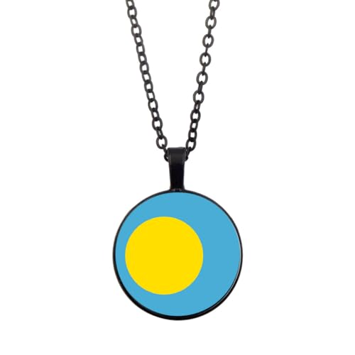 UOMSKTY Palau-Länder-Flaggen-Anhänger,Palau-Banner,Glas-Cabochon,Runde Banner-Anhänger-Halskette Für Männer Und Frauen,Nationalflagge,Modeschmuck,Geschenk,Schwarz,45 + 5 Cm von UOMSKTY