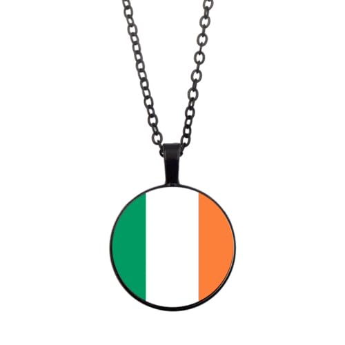 UOMSKTY Republik Irland Flagge Anhänger Halskette Schmuck-Charm Flagge Zeit Edelstein Glas Cabochon Anhänger,Kreis Jubiläum Anhänger Halskette Für Patriotische Frauen Männer Schmuck,Schwarz,45+5Cm von UOMSKTY