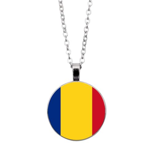 UOMSKTY Rumänien-Flagge-Halsketten-Anhänger,Modische Unisex-Glaskuppel-Flaggen-Halskette,Kreative Runde Cabochon-Halsketten,Patriotischer Charme-Schmuck Für Männer Und Frauen,Weiß,45 + 5 Cm von UOMSKTY