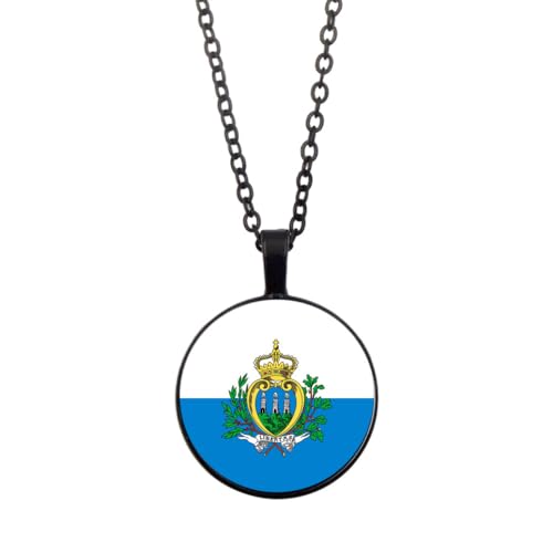 UOMSKTY San-Marino-Länder-Flaggen-Anhänger,San-Marino-Banner,Glas-Cabochon,Runde Banner-Anhänger-Halskette Für Männer Und Frauen,Nationalflagge,Modeschmuck,Geschenk,Schwarz,45 + 5 Cm von UOMSKTY