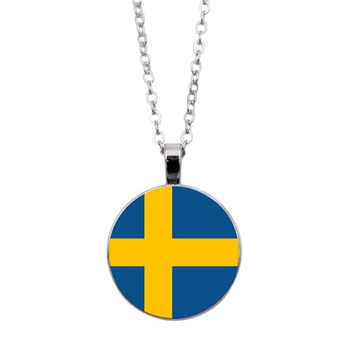 UOMSKTY Schweden-Flagge-Anhänger-Halskette,Schmuck,Kreativer Schwedischer Flagge-Glas-Cabochon-Anhänger,Patriotischer Schmuck,Pullover-Halskette Für Frauen Und Mädchen,Geschenk,Weiß,45 + 5 Cm von UOMSKTY