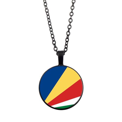 UOMSKTY Seychellen-Flagge-Anhänger-Halskette,Schmuck,Kreativer Seychellen-Flagge-Glas-Cabochon-Anhänger,Patriotischer Schmuck,Pullover-Halskette Für Frauen Und Mädchen,Geschenk,Schwarz,45 + 5 Cm von UOMSKTY