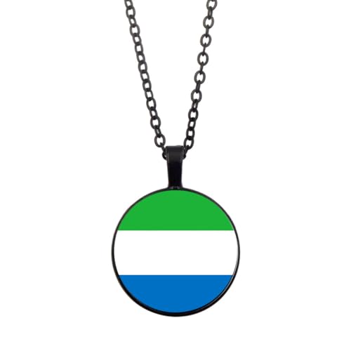 UOMSKTY Sierra-Leonische Länderflaggen-Anhänger,Sierra-Leonisches Banner,Glas-Cabochon,Runde Banner-Anhänger-Halskette Für Männer Und Frauen,Nationalflagge,Modeschmuck,Geschenk,Schwarz,45 + 5 Cm von UOMSKTY