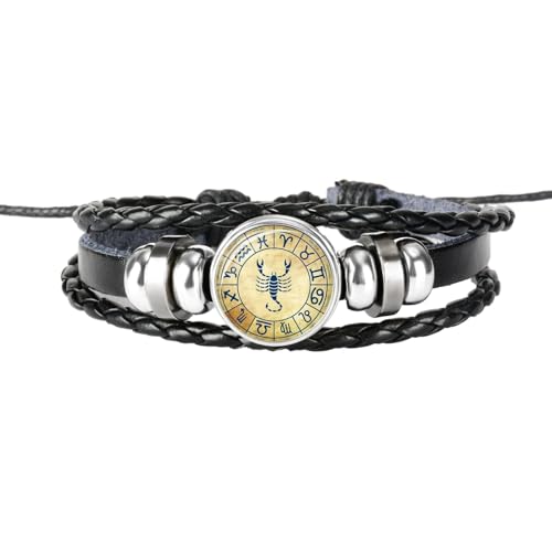 UOMSKTY Skorpion Retro Punk Herren Damen 12 Sternbild Sternzeichen Armband – Geflochtenes Leder-Kristallglas-Charm-Armband, Mehrschichtiger Armband-Armreif, 26 Cm von UOMSKTY