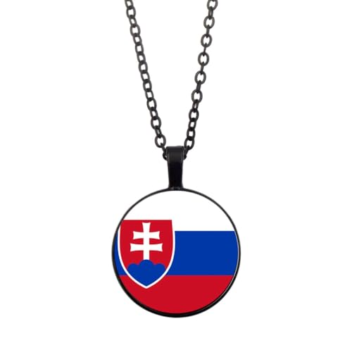 UOMSKTY Slowakei Flagge Anhänger Halskette Schmuck-Charm Flagge Banner Zeit Edelstein Glas Cabochon Anhänger,Kreis Jubiläum Anhänger Halskette Für Patriotische Frauen Männer,Schwarz,45+5Cm von UOMSKTY