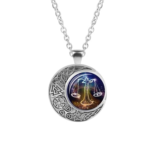 UOMSKTY Sternzeichen-Anhänger-Halsketten Für Damen Und Herren – Runde Glas-Edelstein-Anhänger-Halskette,12 Sternbild-Charm,Astrologie,Horoskop,Schmuck,Geburtstagsgeschenk,Waage,60 Cm von UOMSKTY