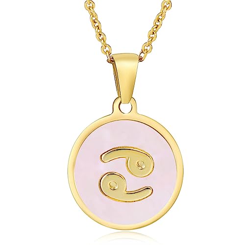 UOMSKTY Sternzeichen-Halskette – Rosa Runder Muschel-Anhänger,12 Sternbild-Symbol-Halskette,Horoskop-Anhänger,Astrologie-Schmuck,Geburtstagsgeschenke Für Frauen Und Mädchen,Krebs,45 Cm von UOMSKTY