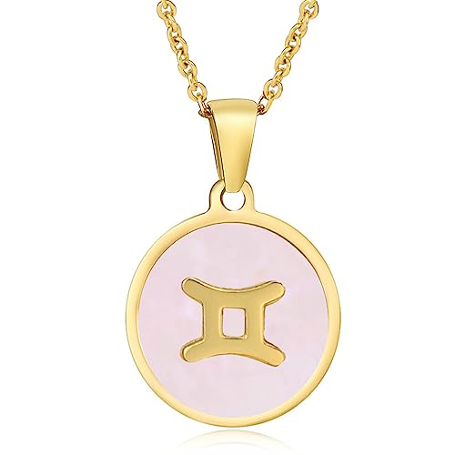 UOMSKTY Sternzeichen-Halskette – Rosa Runder Muschel-Anhänger,12 Sternbild-Symbol-Halskette,Horoskop-Anhänger,Astrologie-Schmuck,Geburtstagsgeschenke Für Frauen Und Mädchen,Zwillinge,45 Cm von UOMSKTY