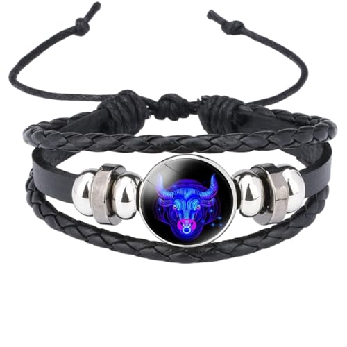 UOMSKTY Stier Sternzeichen Paar Armband Leuchtendes Geflochtenes Armband – Lederarmband Verstellbares Punk-Armband – Mehrschichtiges Geflochtenes Perlenarmband Für Männer Und Frauen, 26 Cm von UOMSKTY