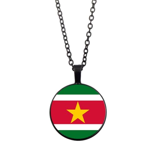 UOMSKTY Suriname-Länderflaggen-Anhänger,Suriname-Banner,Glas-Cabochon,Runde Banner-Anhänger-Halskette Für Männer Und Frauen,Nationalflagge,Modeschmuck,Geschenk,Schwarz,45 + 5 Cm von UOMSKTY