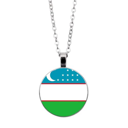 UOMSKTY Usbekistan-Flaggen-Anhänger-Halskette,Schmuck-Charm,Flaggenbanner,Zeit-Edelstein-Glas-Cabochon-Anhänger,Kreis-Jubiläums-Anhänger-Halskette Für Patriotische Frauen Und Männer,Weiß,45 + 5 Cm von UOMSKTY