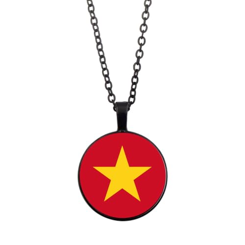 UOMSKTY Vietnam-Flagge-Halsketten-Anhänger,Modische Unisex-Glaskuppel-Flaggen-Halskette,Kreative Runde Cabochon-Halsketten,Patriotischer Charme-Schmuck Für Männer Und Frauen,Schwarz,45 + 5 Cm von UOMSKTY