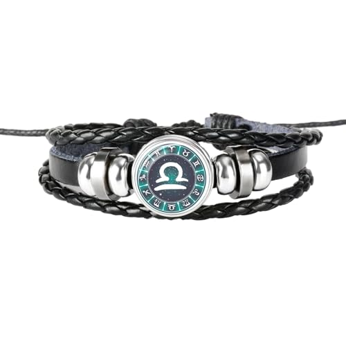 UOMSKTY Waage 12 Sternzeichen-Sternbild-Armbänder – Mehrschichtige Geflochtene Seilarmbänder Aus Leder, Handgewebte Armbänder Mit Glasperlen Für Damen Und Herren, Punk-Rock-Schmuck, 26 Cm von UOMSKTY