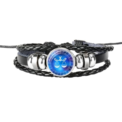 UOMSKTY Waage-Sternzeichen-Armband, Geflochtenes Seil-Armband, Mehrschichtiges Verstellbares Lederarmband, Klares Glas-Charm-Armband, Herren- Und Damenschmuck, 26 Cm von UOMSKTY