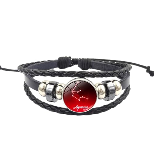 UOMSKTY Wassermann Männer Frauen 12 Sternbild Leuchtendes Geflochtenes Armband – Geflochtene Seil-Lederarmbänder, Vintage-Sternbild-Symbol-Muster-Charm-Glasarmband, 23 Cm von UOMSKTY