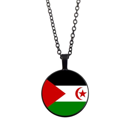 UOMSKTY Westsahara-Flaggen-Halsketten-Anhänger,Modische Unisex-Glaskuppel-Flaggen-Halskette,Kreative Runde Cabochon-Halsketten,Patriotischer Charme-Schmuck Für Männer Und Frauen,Schwarz,45 + 5 Cm von UOMSKTY