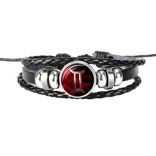 UOMSKTY Zwillinge Mehrschichtiges Armband Mit 12 Sternzeichen, Sternbild, Geflochtenes Astrologie-Lederarmband – Herren- Und Damen-Punk-Horoskop-Symbol-Armband, Handgewebtes Perlenarmband, 26 Cm von UOMSKTY