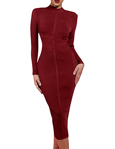 UONBOX Damen Lange Ärmel Kreuz Träger Gerippt Club Party Midi Bodycon Bandage Kleid - Violett - Klein von UONBOX