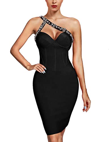 UONBOX Damen One Shoulder Strass Ärmellos Bodycon Knielang Party Club Bandage Kleid, schwarz, Mittel von UONBOX