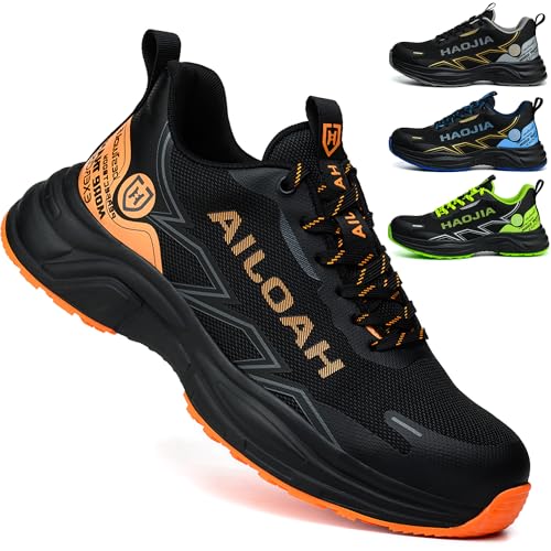 UOQC Leicht Sicherheitsschuhe Arbeitsschuhe Herren Damen Atmungsaktiv rutschfest Schutzschuhe mit Stahlkappe Stoßfest Stichfest Sicherheits Sportlich für Industrie & BAU (Gr.40EU Orange) von UOQC