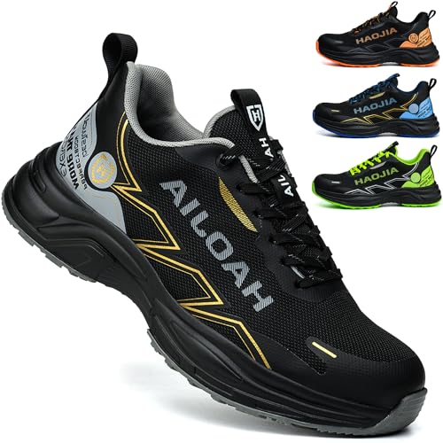 UOQC Leicht Sicherheitsschuhe Arbeitsschuhe Herren Damen Atmungsaktiv rutschfest Schutzschuhe mit Stahlkappe Stoßfest Stichfest Sicherheits Sportlich für Industrie & BAU (Gr.44EU Schwarz) von UOQC