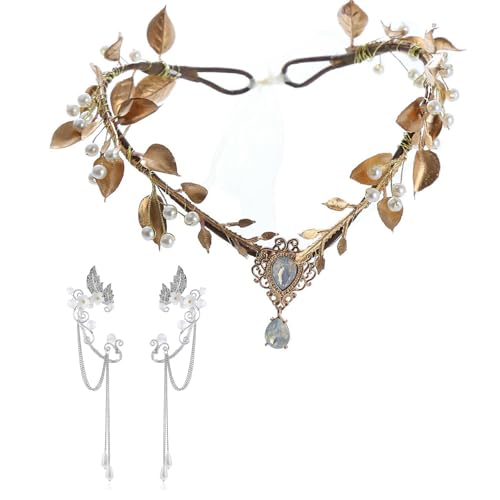 UOSIA Fee Elf Ohrmanschetten Set Perle Fee Blatt Krone Mit Strass Anhänger Elf Prinzessin Tiara Elf Kopfstück Für Cosplay Halloween Kostüm von UOSIA