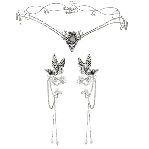 UOSIA Fee Ohren Krone Stirnband 3 Stück Fee Strass Drop Kopfstück Mit Blumen Elf Ohr Manschetten Frauen Mädchen Kostüm Party Requisiten Zubehör von UOSIA