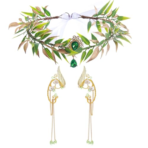 UOSIA Fee Ohren Mit Elf Krone Wald Tiara Stirnband Mit Gold Elf Ohr Grün Kristall Prinzessin Krone Für Halloween Cosplay Photoshoot Hochzeit von UOSIA